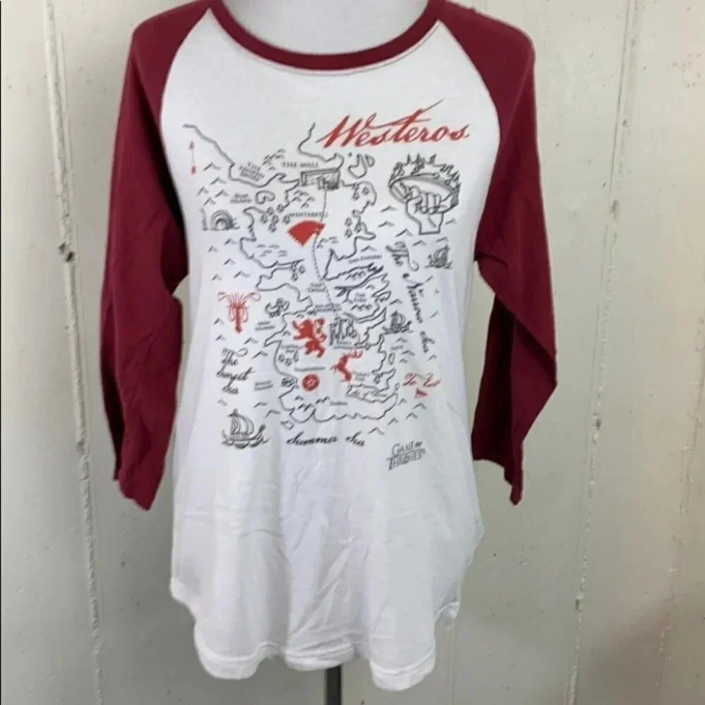 Game‎ of Thrones Baseball Tee Small White Burgundy Westeros Map Graphic Raglan